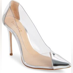 SCHUTZ Silver Metallic & Clear PVC Pointed Toe Pumps | Cendi Glass Heel Size 10